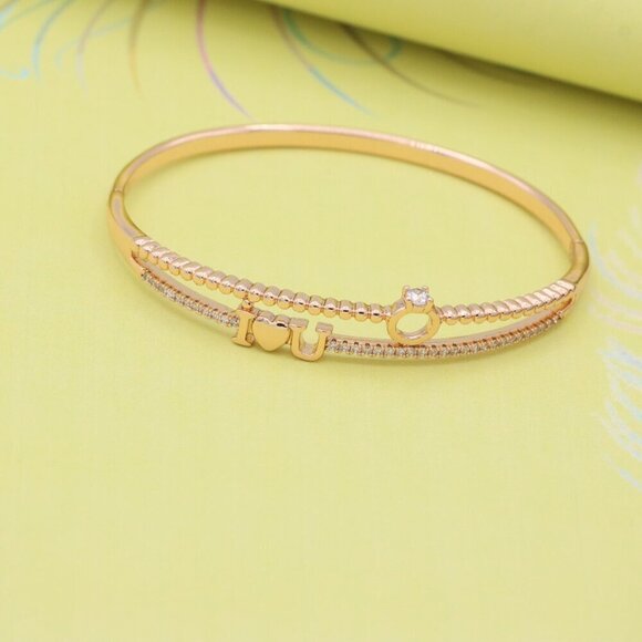 Dainty “I ❤️ U” Rose Gold Bangle with Diamond Ring Charm, XPBL0469 - Picture 4 of 10